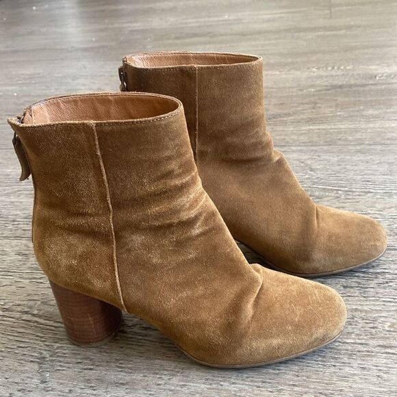 Sandro Paris Brown Tan Suede Ankle Boots w a Wooden Rounded Block Heel Size 38 - Picture 3 of 9